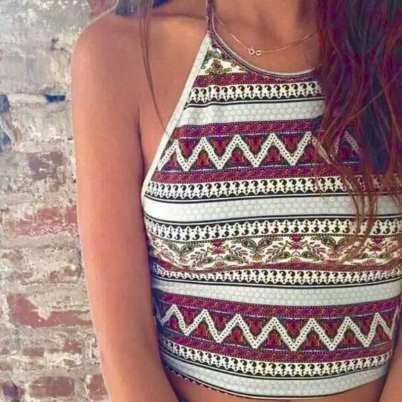Tops - ☀️Sale Blue Red Aztec Print Halter Top Crop